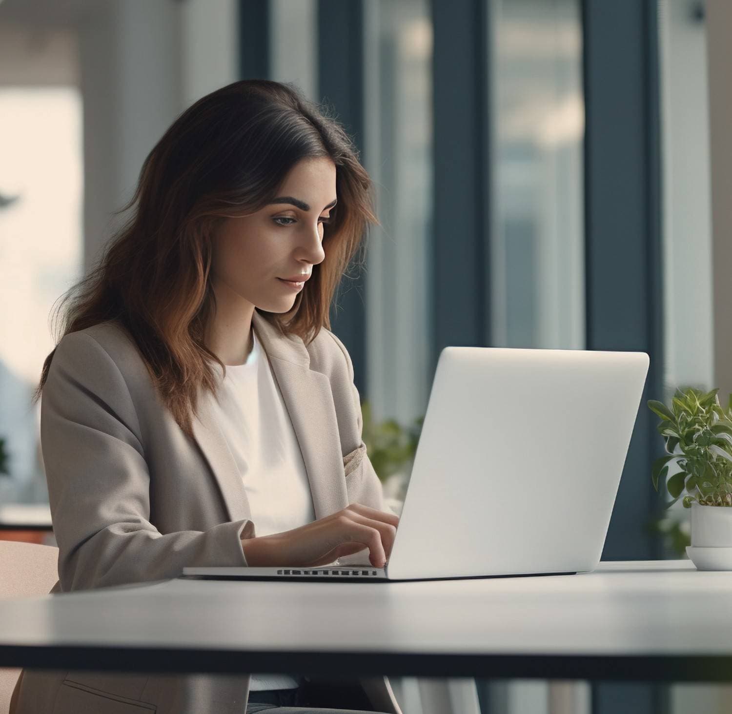 Marketing professional working on a laptop in a bright office