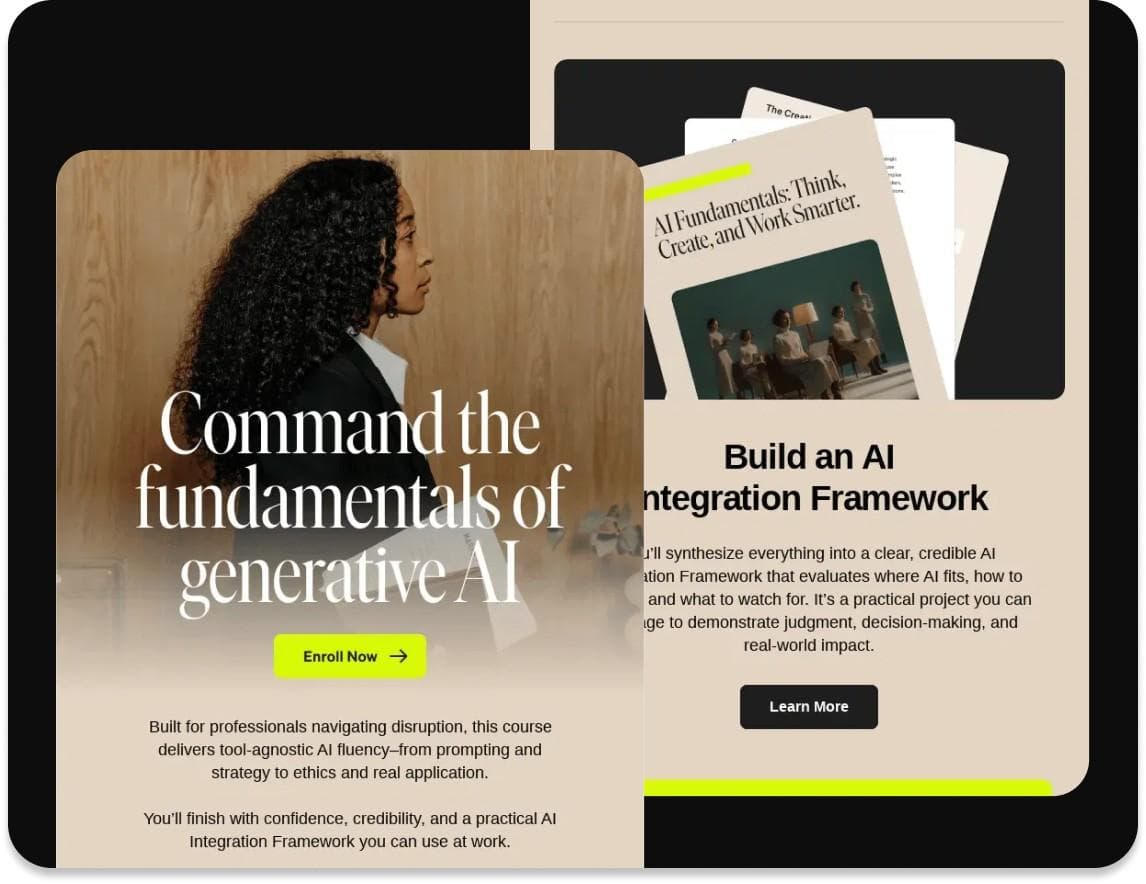 B2B email marketing campaign mockups — AI integration framework and generative AI nurture emails