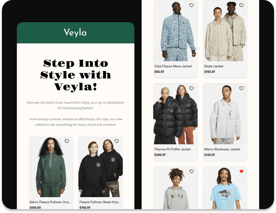 E-commerce email marketing mockups — Veyla welcome email and product grid campaigns