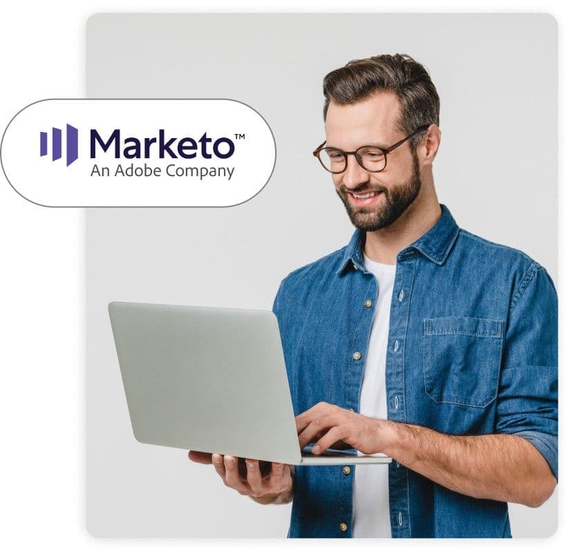 Marketo specialists collaborating — 70% lower cost, 2x output, 5 days onboarding