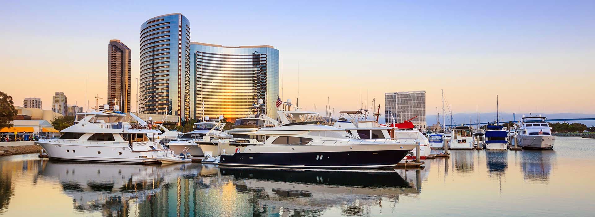 Marina with yachts and waterfront buildings