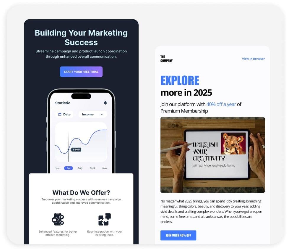 SaaS email marketing lifecycle campaigns — trial onboarding and retention email mockups