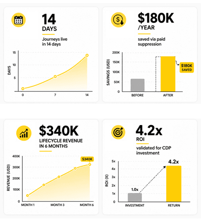 Case study 01: journeys live, suppression savings, lifecycle revenue, and CDP ROI metrics.
