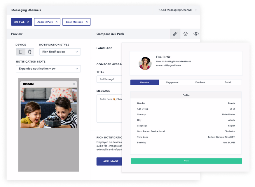 Braze messaging channels and user profile interface