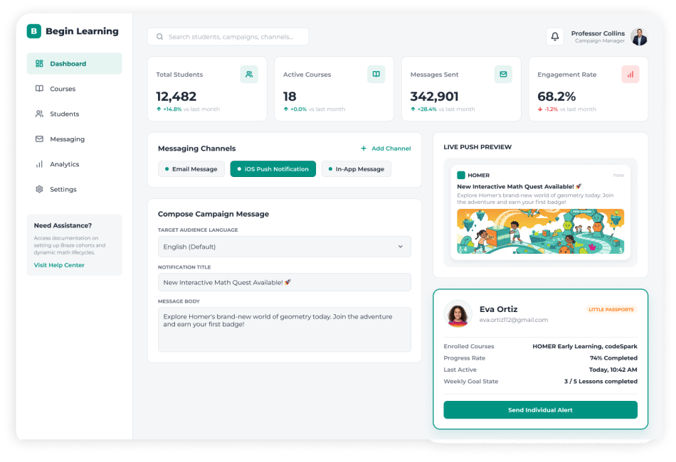 Begin Learning CRM dashboard interface