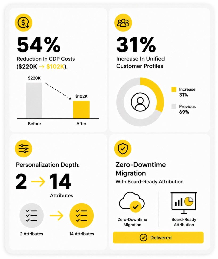 Case study 02: first-party data shift, CAC reduction, churn recovery, lifecycle attribution timeline.
