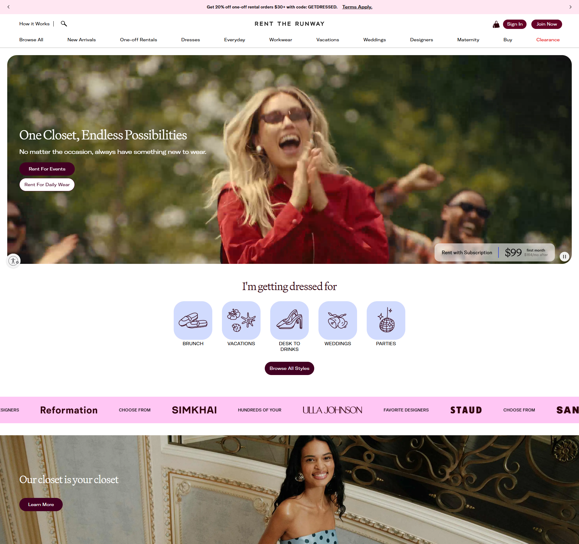 Rent the Runway website with designer clothing subscription and dress rentals