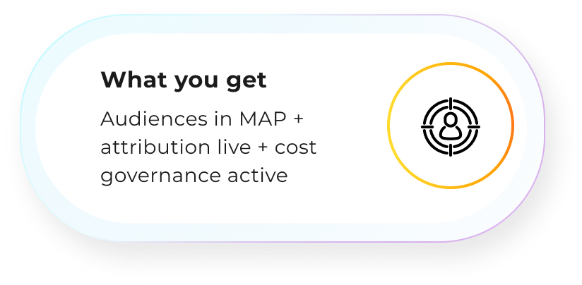 What you get: Audiences in MAP + attribution live + cost governance active