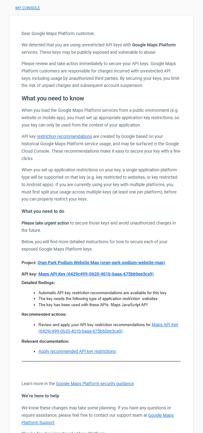 Security notification from Google regarding Google Maps API