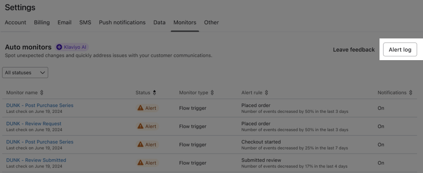 Klaviyo auto monitors alert log
