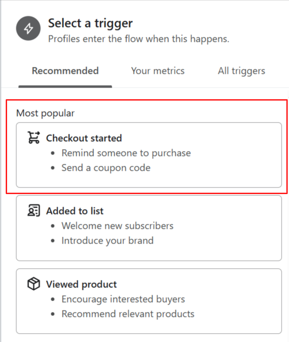 Selecting a trigger in Klaviyo