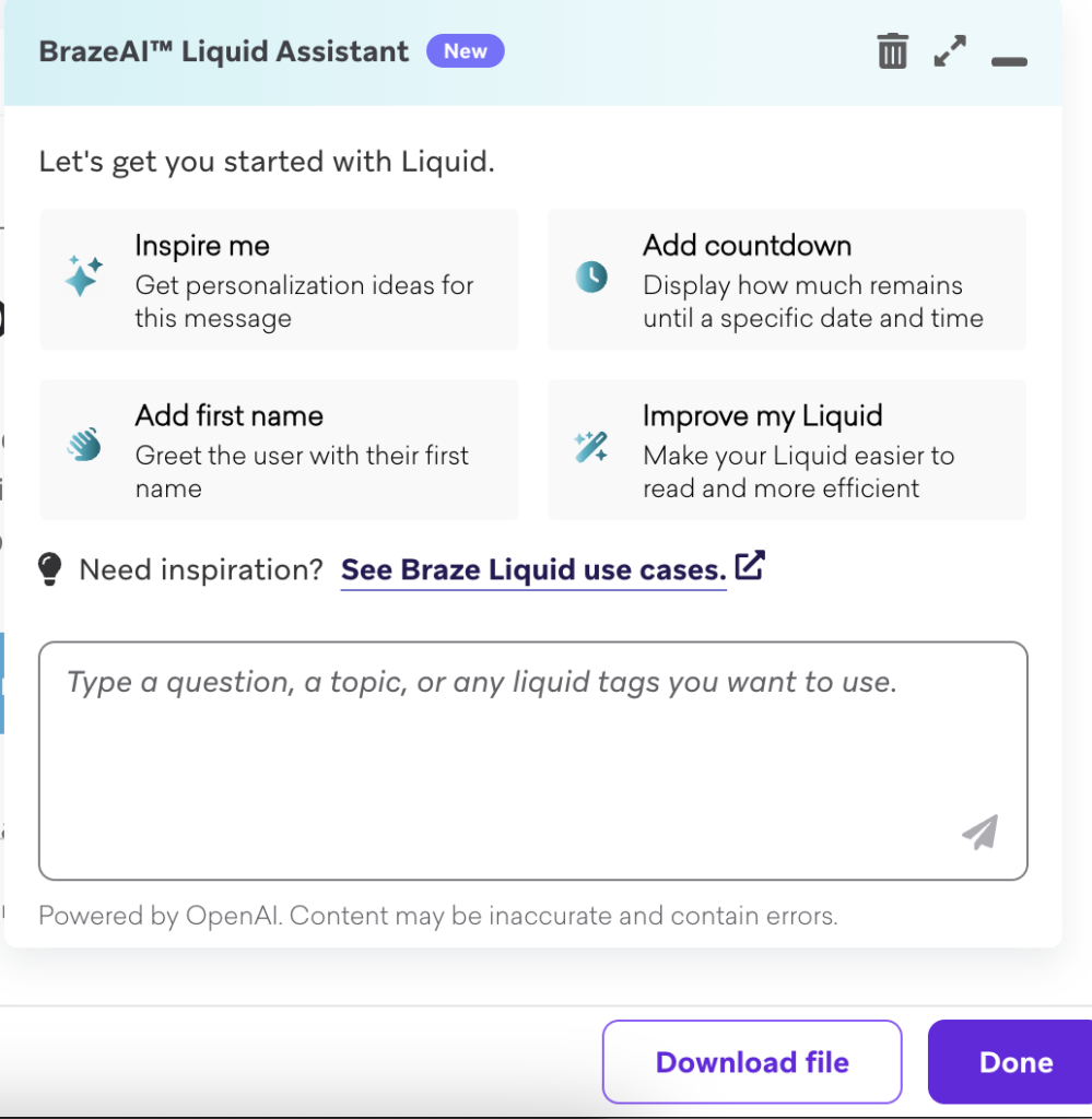 Braze AI liquid assistant