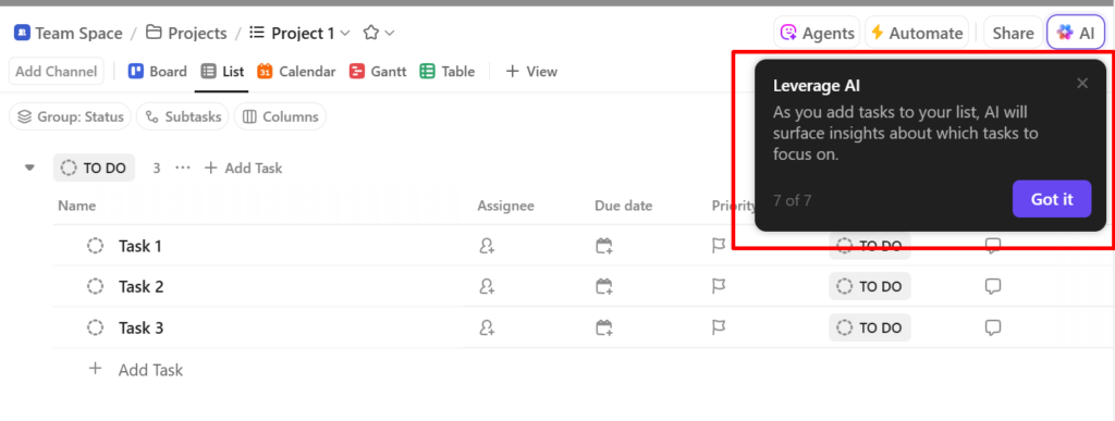  ClickUp AI for setting up workflow
