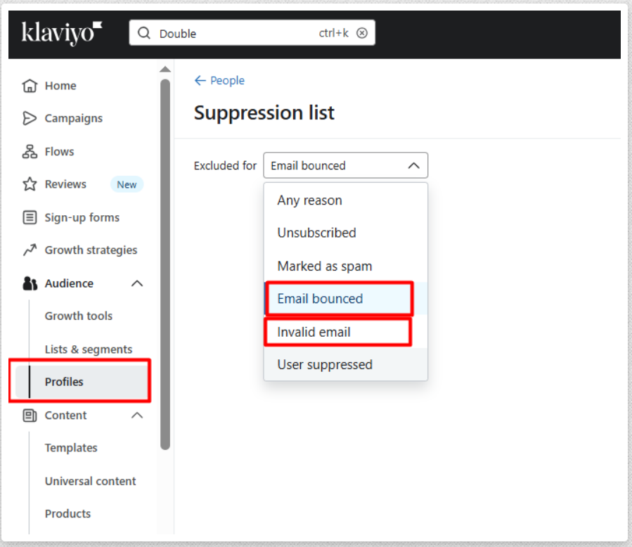 supression list klaviyo dashboard