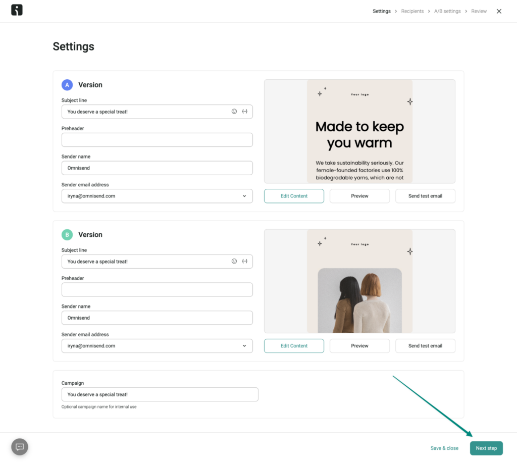 A/B testing in omnisend