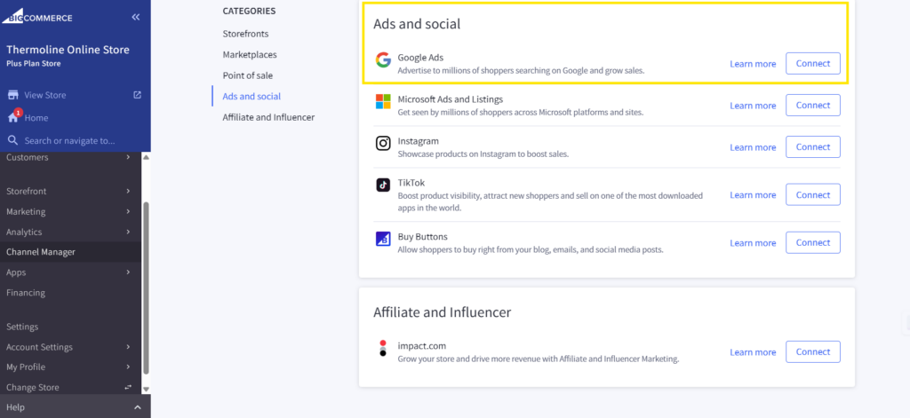 Ads and social section bigcommerce
