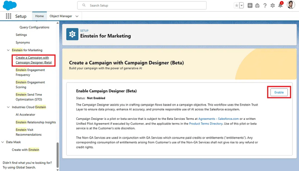 Einstein for marketing setup