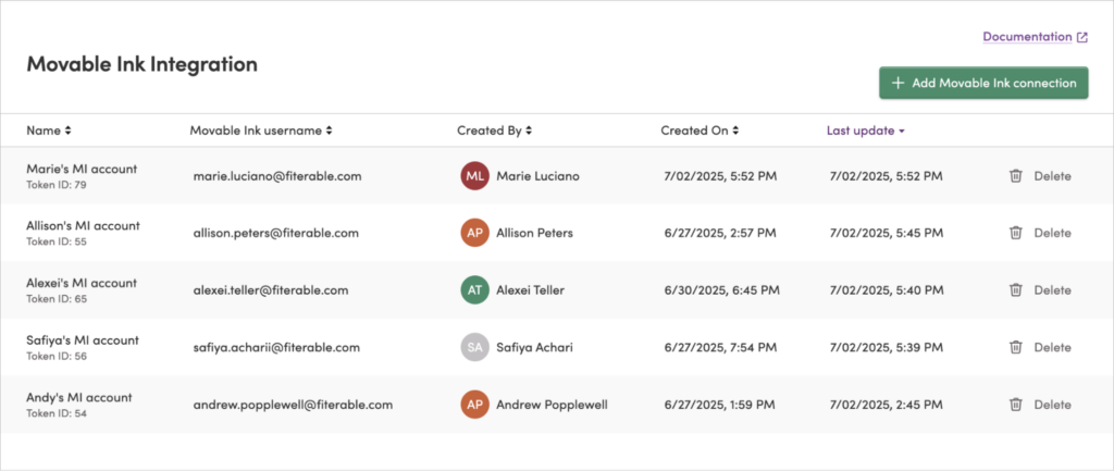 multiple Movable Ink accounts dashboard