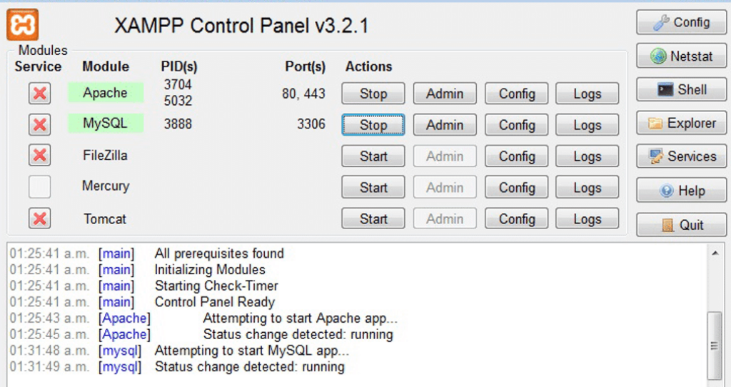 XAMPP control panel